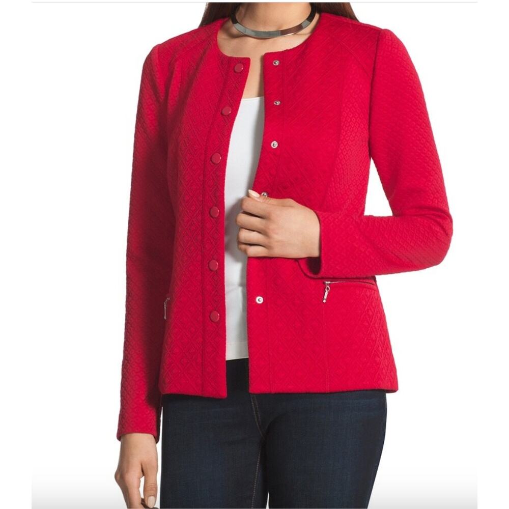 CHICO'S Red Quitled Textured Snap Closure Knit Jacket Blazer // L - Picture 12 of 13